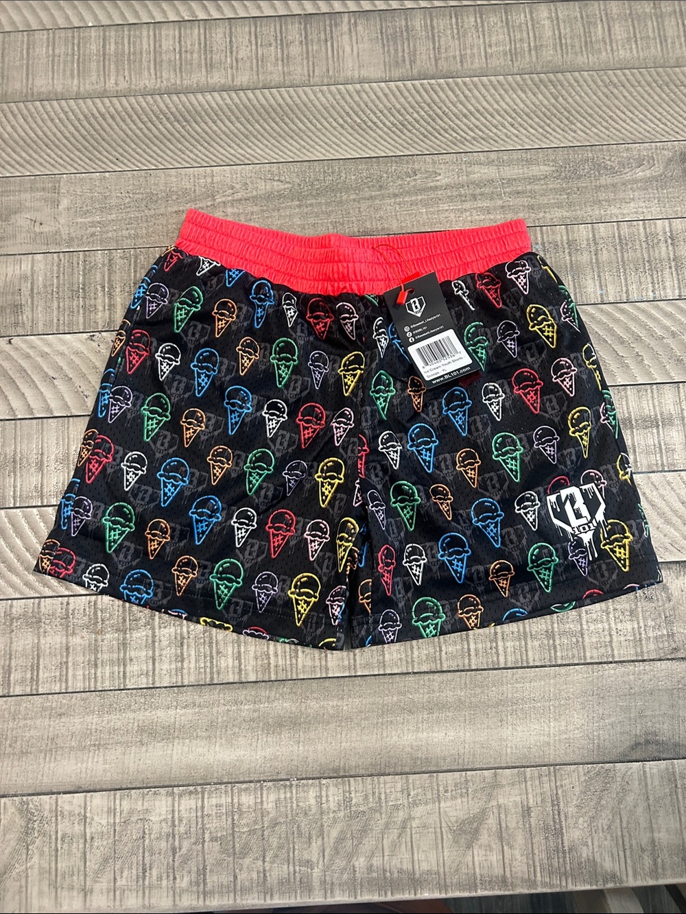 Kids' Black Ice Cream Print Swim Shorts with Bright Red Waistband